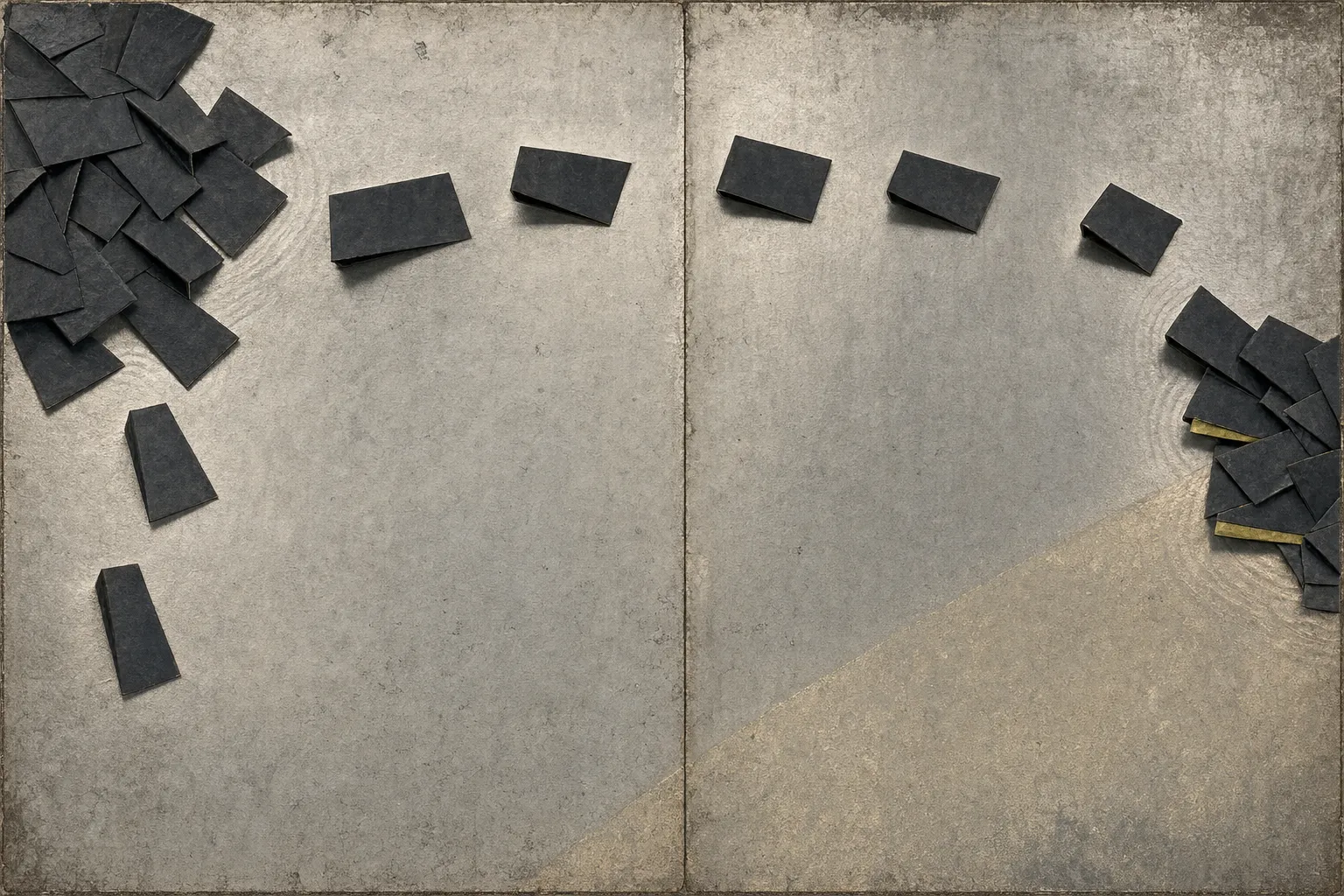 Wide silver-leaf field crossed by faint folding-screen seams. Small matte-charcoal folded paper tabs cluster densely at the upper left, loosen into a widely spaced arc across the top, and compress again at the far right edge, where two tabs show dull citron undersides. The arc breaks before closing; the lower right remains an empty tarnished wedge shading toward gold.