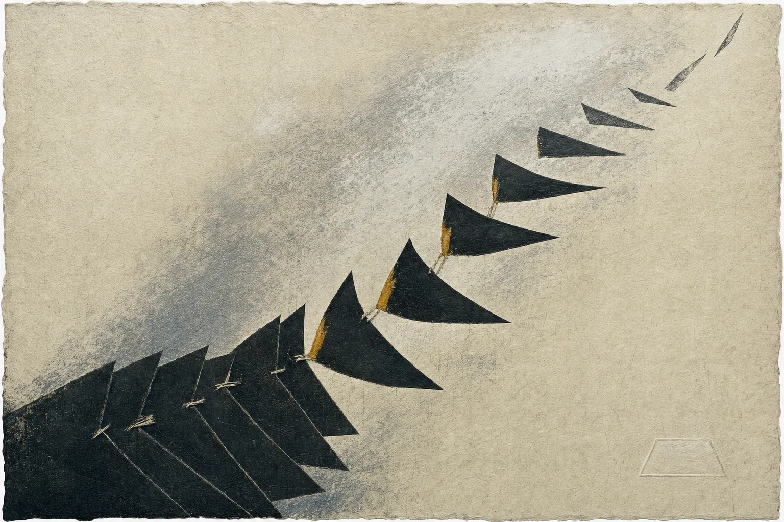 Wide horizontal sheet of warm handmade paper with deckled edges. A connected chain of soot-black triangular paper vanes begins as a dense overlapping bundle at the lower left and rises in a loosening S-curve toward the upper right, each vane rotating further and spaced wider than the last, their fiber hinges flashing dull saffron, until the final slivers leave the frame. A diagonal sweep of rubbed graphite and lifted chalk trails behind the chain, and a small blind-embossed trapezoid rests in the quiet lower right.