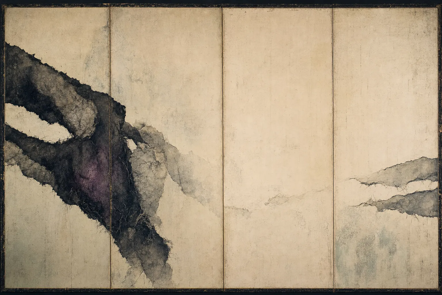 Wide four-panel folding screen in warm aged paper. A charred black fibrous membrane enters at mid-height from the left edge, sags into a dense tangled fold shot with buried aubergine, and thins into ghost-gray wash. The wide center panels stay almost empty and luminous. Near the right edge the membrane returns as two faint torn horizontal folds before leaving the sheet.