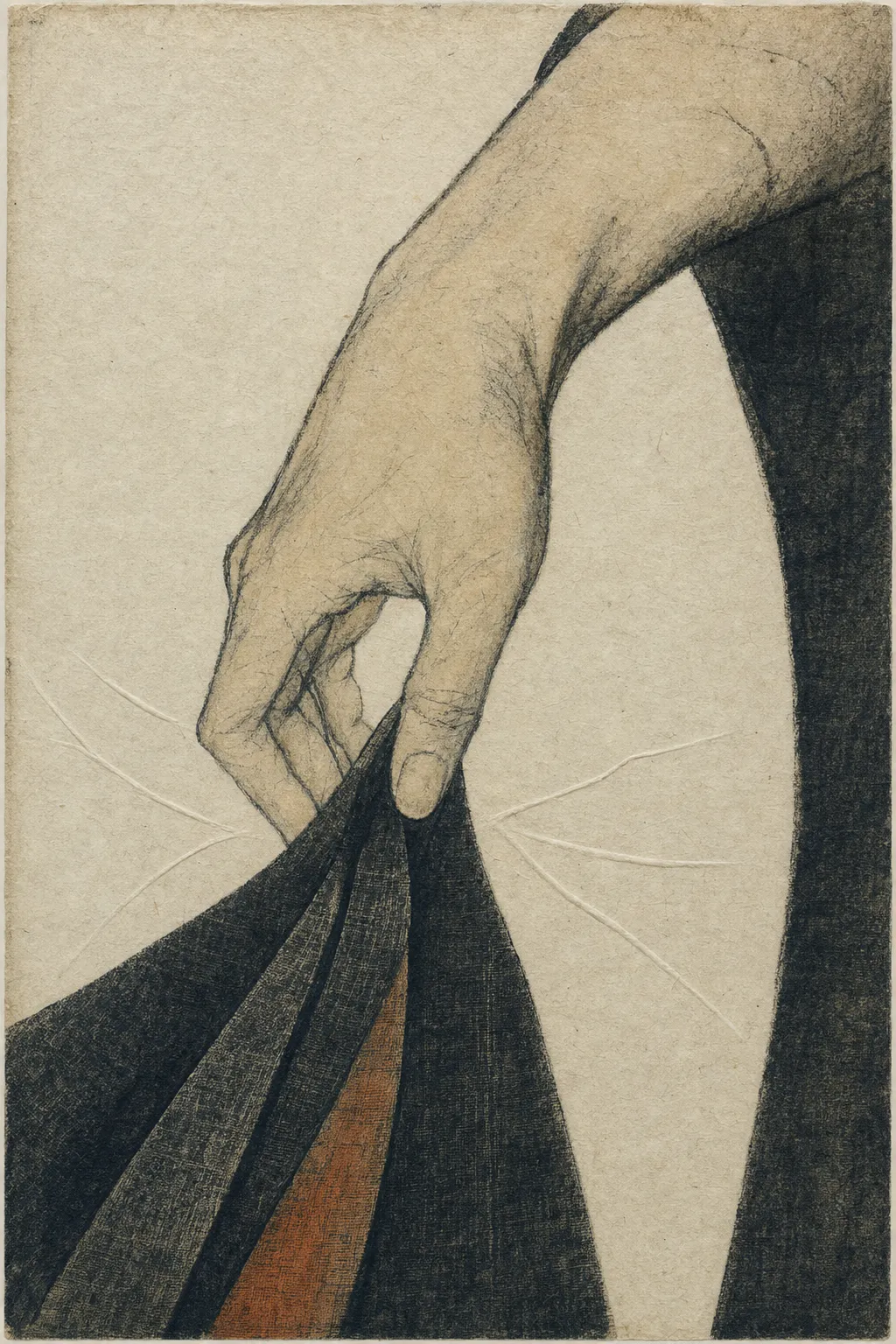 Close-cropped drawing on warm bare paper. A work-worn hand and forearm enter from the upper right, drawn in restrained charcoal with a pale mineral wash; the fingers are open and precise, pinching the edge of a soot-black woven cloth. The cloth fans downward into three broad pleats toward the lower left, one inner fold lined with dull persimmon. Faint embossed crease lines radiate across the otherwise empty paper.