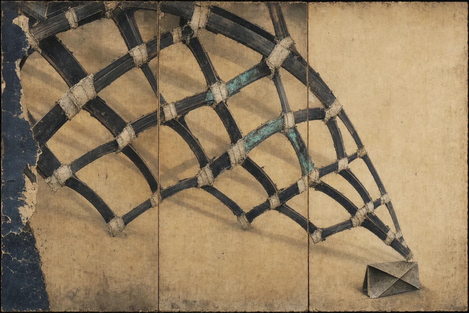 Wide three-panel screen on warm fibrous paper. An immense open lattice of charred black bamboo splints, bound at every crossing with chalked fiber joints, looms from the top and left and curves down across the panels; two inner struts are stained oxidized verdigris, and pale pressure shadows rake beneath it. Its final joint stops just short of a small folded gray-paper brace standing alone near the lower right, with open paper between them. A torn strip of deep indigo runs down the far left edge.