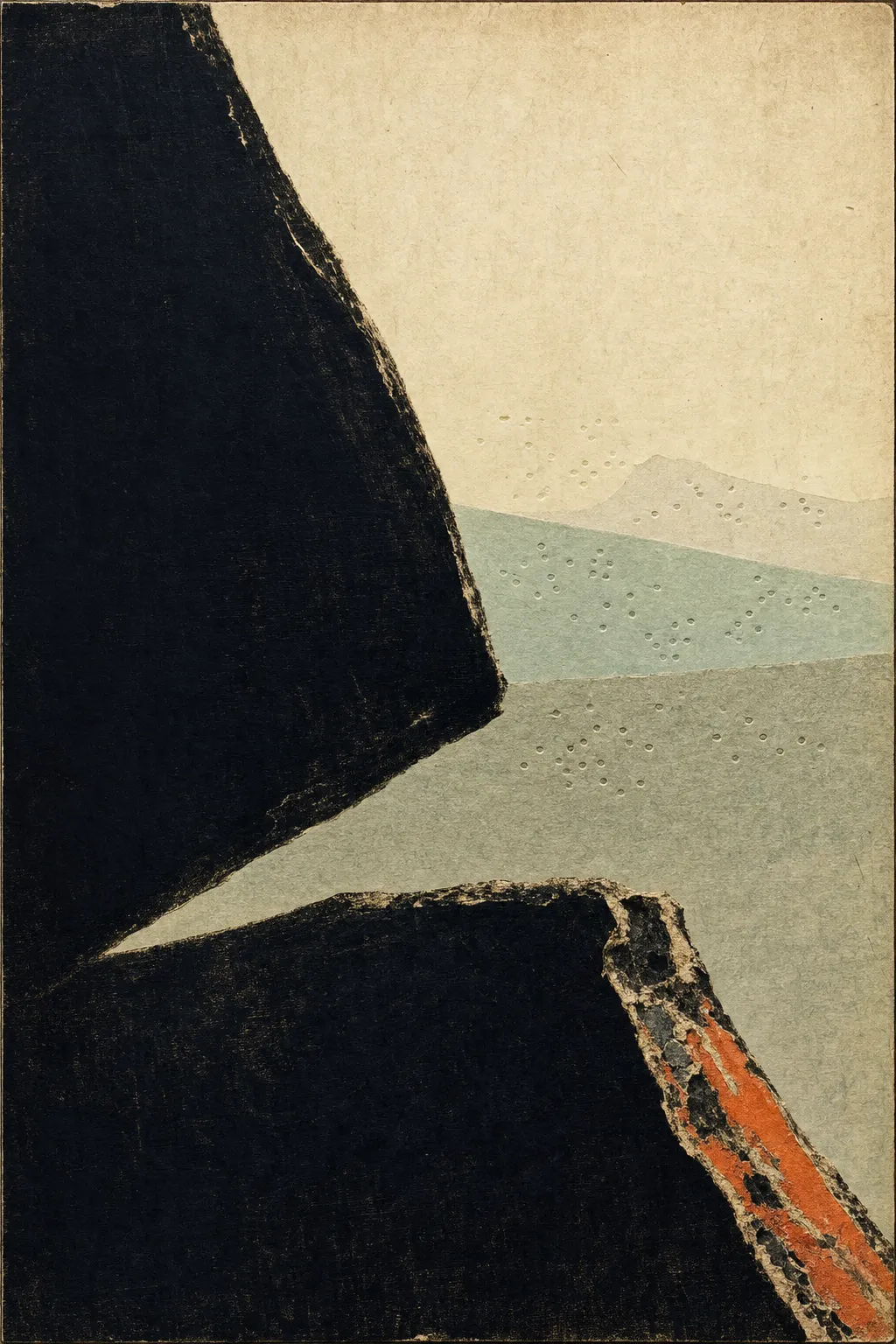 Tall composition. Two colossal near-black forms with the dry texture of inked wood enter from the left and bottom, forking apart mid-sheet to leave a narrow opening. Through the fork, three pale planes step back in flat celadon-gray bands scattered with small punched dimples, under a warm cream sky with a faint ghosted ridge. The torn edge of the lower black form exposes a seam of ember orange.
