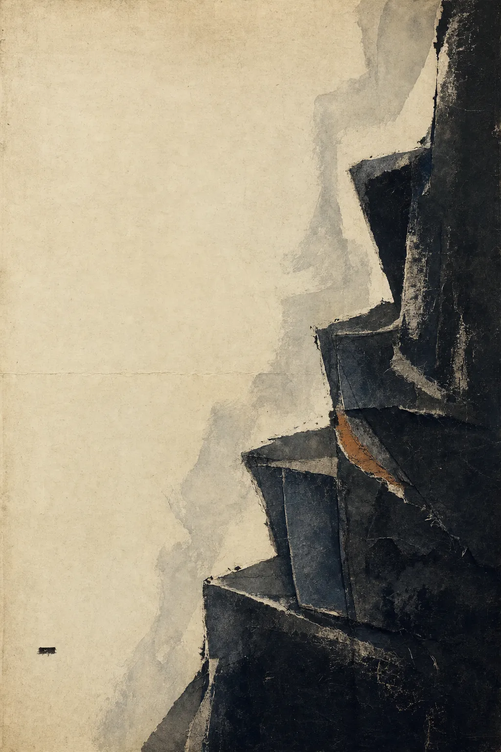 Tall scroll-like sheet. A massed structure of angular carbon-black and indigo paper slabs climbs the right side in hard irregular steps, cropped by the lower and upper edges; one torn seam partway up exposes dull persimmon. Pale gray wash ghosts along its contour and a long channel of bare warm paper fills the left two-thirds, empty except for one tiny black dash floating low on the left.